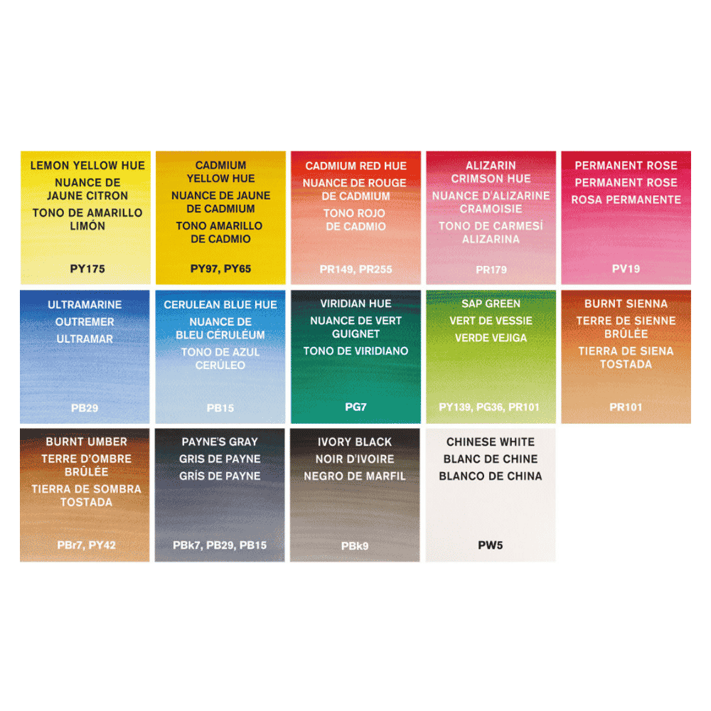A swatch sheet, showing all the colours in the Winsor and Newton Cotman Field Set. Colours include Lemon Yellow Hue, Cadmium Yellow Hue, Cadmium Red Hue, Alizarin Crimson Hue, Permanent Rose, Ultramarine, Cerulean Blue Hue, Viridian Hue, Sap Green, Burnt Sienna, Burnt Umber, Payne's Grey, Ivory Black and Chinese White.