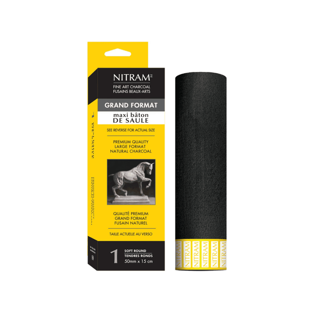 Photo of 50mm charcoal baton and product packaging.