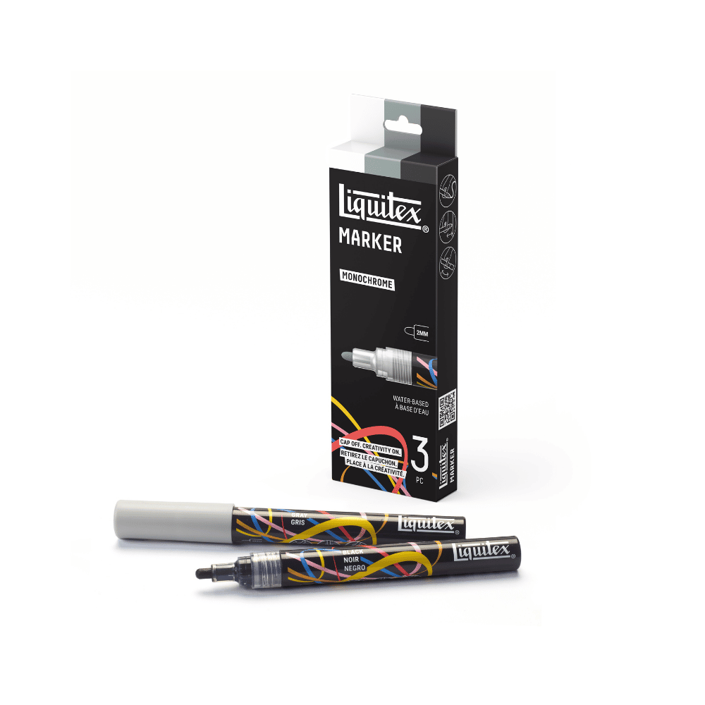 A pack of 3 monochrome Liquitex markers set against a white background