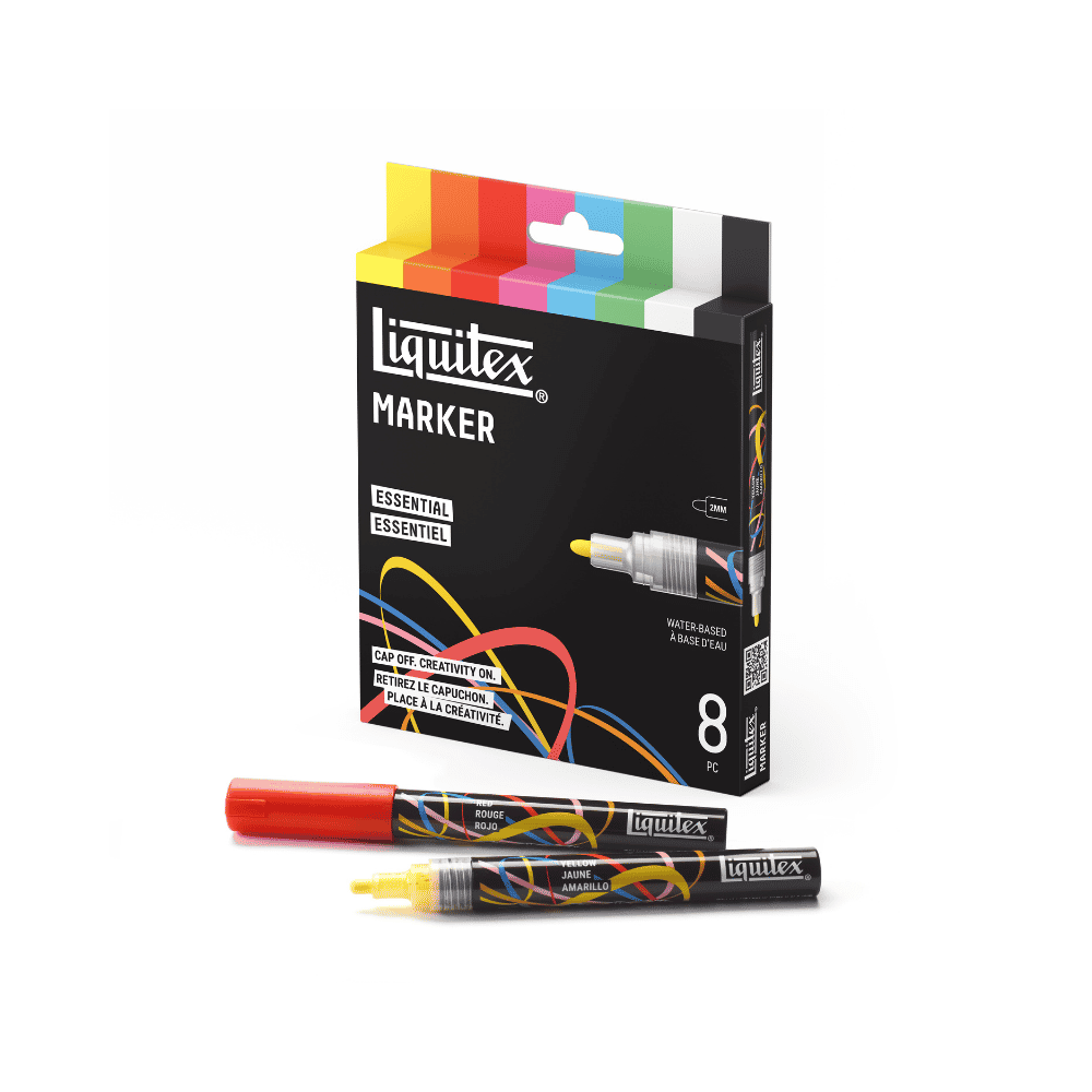 A pack of 8 essential colour Liquitex markers set against a white background