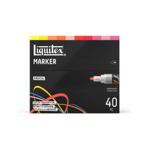 A liquitex radical set of 40 colours closed and set against a white background.