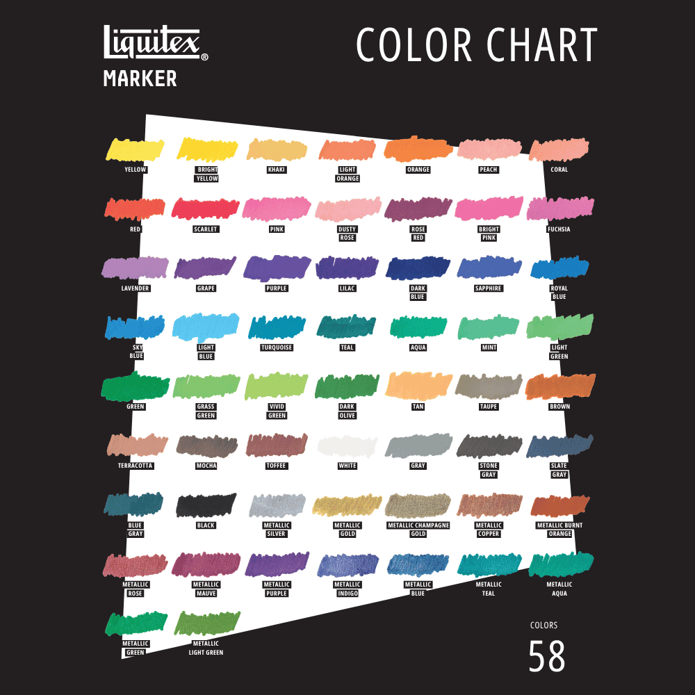 A colour chart showing the 58 colours that the 2mm liquitex marker produces.