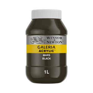 A closed tub of Mars Black Galeria acrylic paint by winsor&newton, set against a white background.