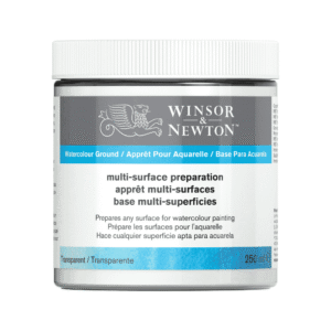 A closed tub of winsor and newton's transparent watercolour multi surface, surface prep set against a white background.