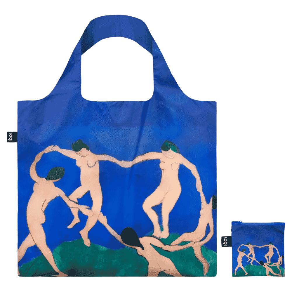 LOQI bag featuring art work inspired by Henri Matisse’s “Dance” artwork, shown out of its pouch against a white background with its matching storage pouch beside it.