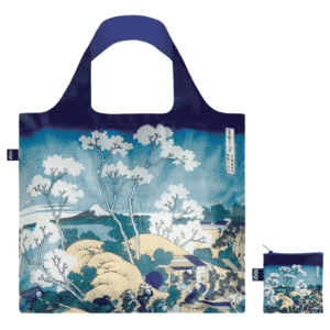 LOQI bag featuring art work inspired by Katsushika Hokusai’s “Fuji from Gotenyama at Shinagawa on the Tōkaidō” artwork, shown out of its pouch against a white background with its matching storage pouch beside it.