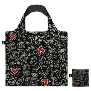 LOQI bag featuring art work inspired by Keith Haring's 'Black Pattern' artwork, shown out of its pouch against a white background with its matching storage pouch beside it.