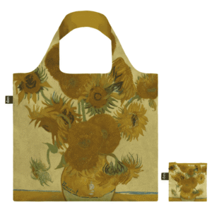 LOQI bag featuring art work inspired by Vincent Van Gogh's 'Flowers in a Vase' artwork, shown out of its pouch against a white background with its matching storage pouch beside it.